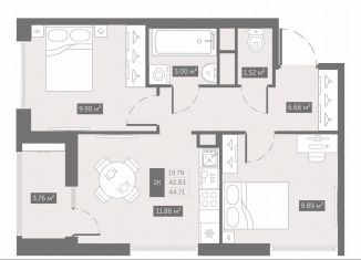 2-комнатная квартира на продажу, 44.7 м2, посёлок Шушары