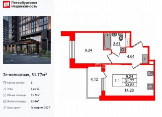 Продаю 1-комнатную квартиру, 31.8 м2, Санкт-Петербург, муниципальный округ Звёздное