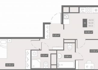 Продаю 2-ком. квартиру, 58.2 м2, посёлок Шушары