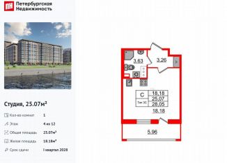 Квартира на продажу студия, 25.1 м2, Санкт-Петербург, метро Улица Дыбенко