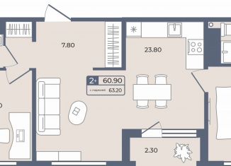 Продажа 2-комнатной квартиры, 60.9 м2, Санкт-Петербург, Красногвардейский район, проспект Энергетиков, 42Б