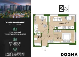 Продажа двухкомнатной квартиры, 53.7 м2, Краснодар, Прикубанский округ