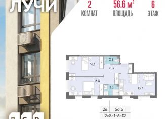 Двухкомнатная квартира на продажу, 56.6 м2, Москва, метро Новопеределкино