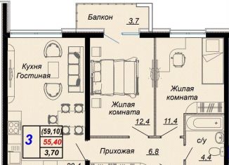 Продам трехкомнатную квартиру, 59.1 м2, Краснодарский край