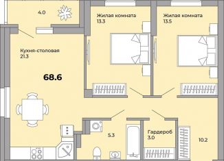 2-комнатная квартира на продажу, 68.6 м2, Екатеринбург, Донбасская улица, 21, ЖК Белая Башня