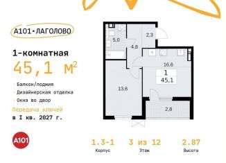 1-комнатная квартира на продажу, 45.1 м2, Ленинградская область