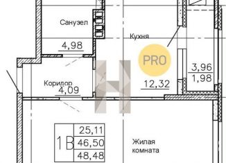 1-комнатная квартира на продажу, 48.5 м2, Воронеж, Ленинский район, улица Ворошилова, 90лит12