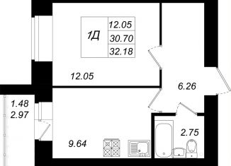 1-комнатная квартира на продажу, 32.2 м2, село Осиново, улица Гайсина, 2Б