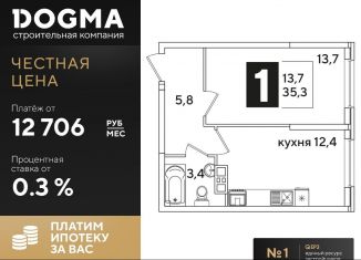Продаю однокомнатную квартиру, 35.3 м2, Краснодар, ЖК Самолёт-3