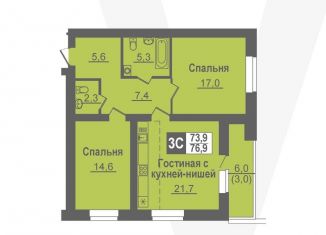 Продаю трехкомнатную квартиру, 76.9 м2, Новосибирская область