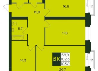 Продаю трехкомнатную квартиру, 103.2 м2, Чебоксары, Чебоксарский проспект, поз5.6, Калининский район