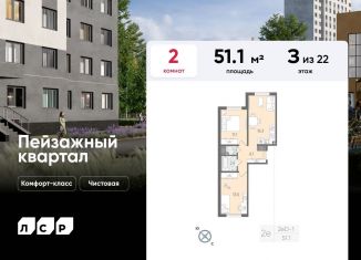 2-комнатная квартира на продажу, 51.1 м2, Санкт-Петербург, муниципальный округ Полюстрово