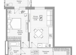 Продается 2-ком. квартира, 51.1 м2, село Усады, Уютная улица, 3/4, ЖК Южный Парк