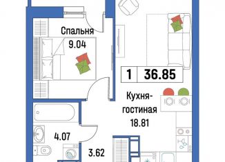 Продаю однокомнатную квартиру, 36.9 м2, Мурино, ЖК Урбанист