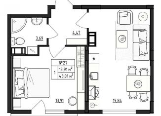 Продам 1-ком. квартиру, 43 м2, деревня Малое Верево