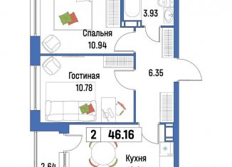 Продажа 2-комнатной квартиры, 46.2 м2, Мурино, ЖК Урбанист