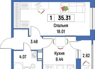 Продам однокомнатную квартиру, 35.3 м2, Мурино, ЖК Урбанист