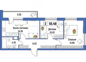 2-ком. квартира на продажу, 55.5 м2, Мурино