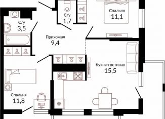 2-ком. квартира на продажу, 63.7 м2, Краснодар, ЖК Отражение