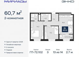 Продаю двухкомнатную квартиру, 60.7 м2, Тюмень