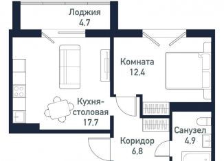 Продам однокомнатную квартиру, 41.8 м2, посёлок Западный