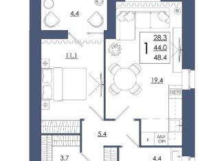 Продается 1-комнатная квартира, 48.4 м2, Смоленск