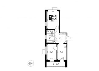 Продаю 2-ком. квартиру, 50.8 м2, Московская область, Киевское шоссе, с1