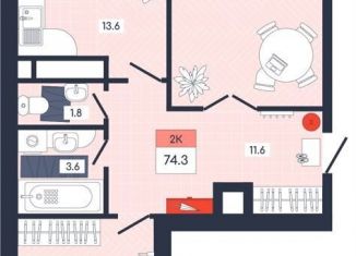 Продается двухкомнатная квартира, 74.3 м2, Дубна, Тверская улица, 32