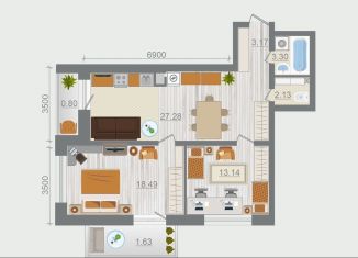 2-комнатная квартира на продажу, 70.4 м2, деревня Разбегаево, квартал Эко Гармония, 5