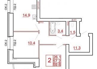 Продам двухкомнатную квартиру, 59.6 м2, Череповец