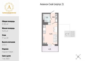 Квартира на продажу студия, 23.2 м2, Санкт-Петербург, Русановская улица, 20к3, ЖК Аквилон Скай