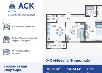 3-комнатная квартира на продажу, 76.6 м2, Краснодар, ЖК Новелла