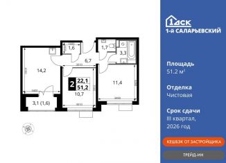 Продажа 2-комнатной квартиры, 51.2 м2, Наро-Фоминский городской округ, Киевское шоссе, с1