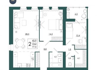 Продается 2-ком. квартира, 77.5 м2, Смоленск