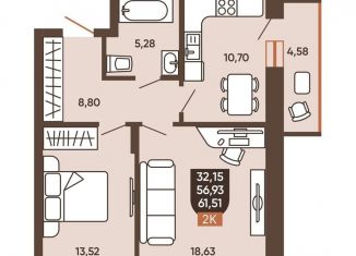 Двухкомнатная квартира на продажу, 59.2 м2, Новосибирск, Новоуральская улица, 10