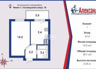 Продаю однокомнатную квартиру, 30.7 м2, городской посёлок Янино-1, Голландская улица, 10