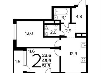 2-комнатная квартира на продажу, 51.8 м2, поселение Десёновское