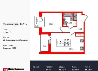 1-комнатная квартира на продажу, 34.5 м2, Санкт-Петербург, метро Комендантский проспект