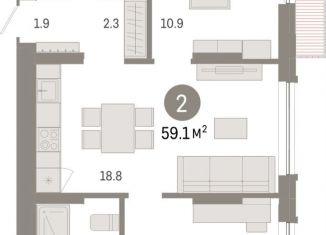 Продается двухкомнатная квартира, 59.1 м2, Тюмень