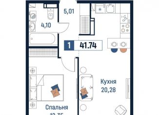 Продам 1-комнатную квартиру, 41.7 м2, Мурино