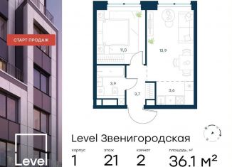 Продается 2-ком. квартира, 36.1 м2, Москва, СЗАО, жилой комплекс Левел Звенигородская, к1