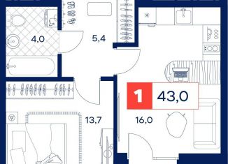 Однокомнатная квартира на продажу, 43 м2, Тюмень, Калининский округ