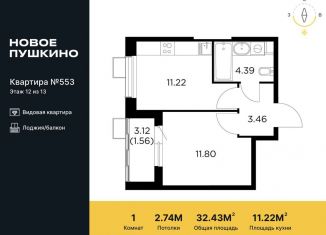 Продажа однокомнатной квартиры, 32.4 м2, Московская область, микрорайон Новое Пушкино, к27