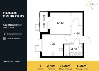 Продам 1-ком. квартиру, 34.3 м2, Московская область, микрорайон Новое Пушкино, к28