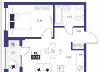 Продается однокомнатная квартира, 34.4 м2, Тюмень, ЖК Озёрный Парк
