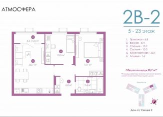 Продам двухкомнатную квартиру, 58.4 м2, Астрахань, улица Бехтерева, 12/4, ЖК Атмосфера