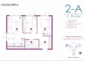 2-ком. квартира на продажу, 52.4 м2, Астрахань, улица Бехтерева, 12/4, ЖК Атмосфера