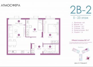 Продается двухкомнатная квартира, 58.4 м2, Астрахань, улица Бехтерева, 12/4, ЖК Атмосфера