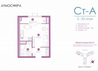 Квартира на продажу студия, 26.7 м2, Астрахань, улица Бехтерева, 12/4, ЖК Атмосфера