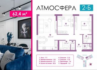 Продам двухкомнатную квартиру, 62.4 м2, Астрахань, улица Бехтерева, 12/4, ЖК Атмосфера